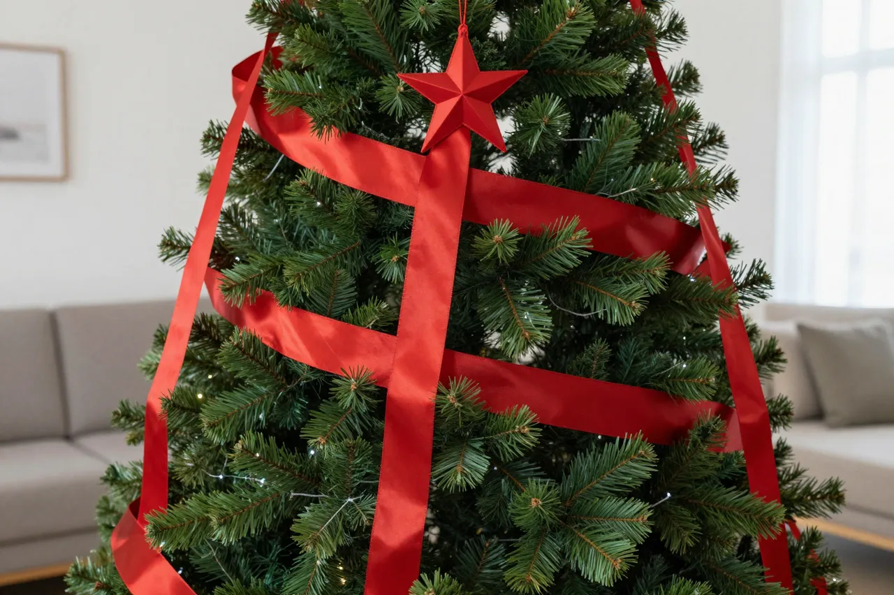 Close-up of a decorated Christmas tree with red satin ribbon in a cozy living room
