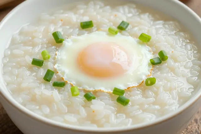 Bowl of creamy rice conee topped with a soft cooked egg and fresh chopped scallions