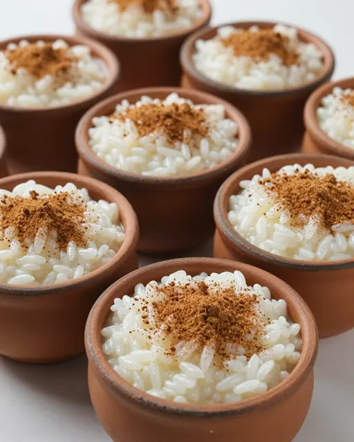 Multiple small terracotta clay pots hold creamy rice pudding dusted with ground cinnamon, arranged on a light neutral surface
