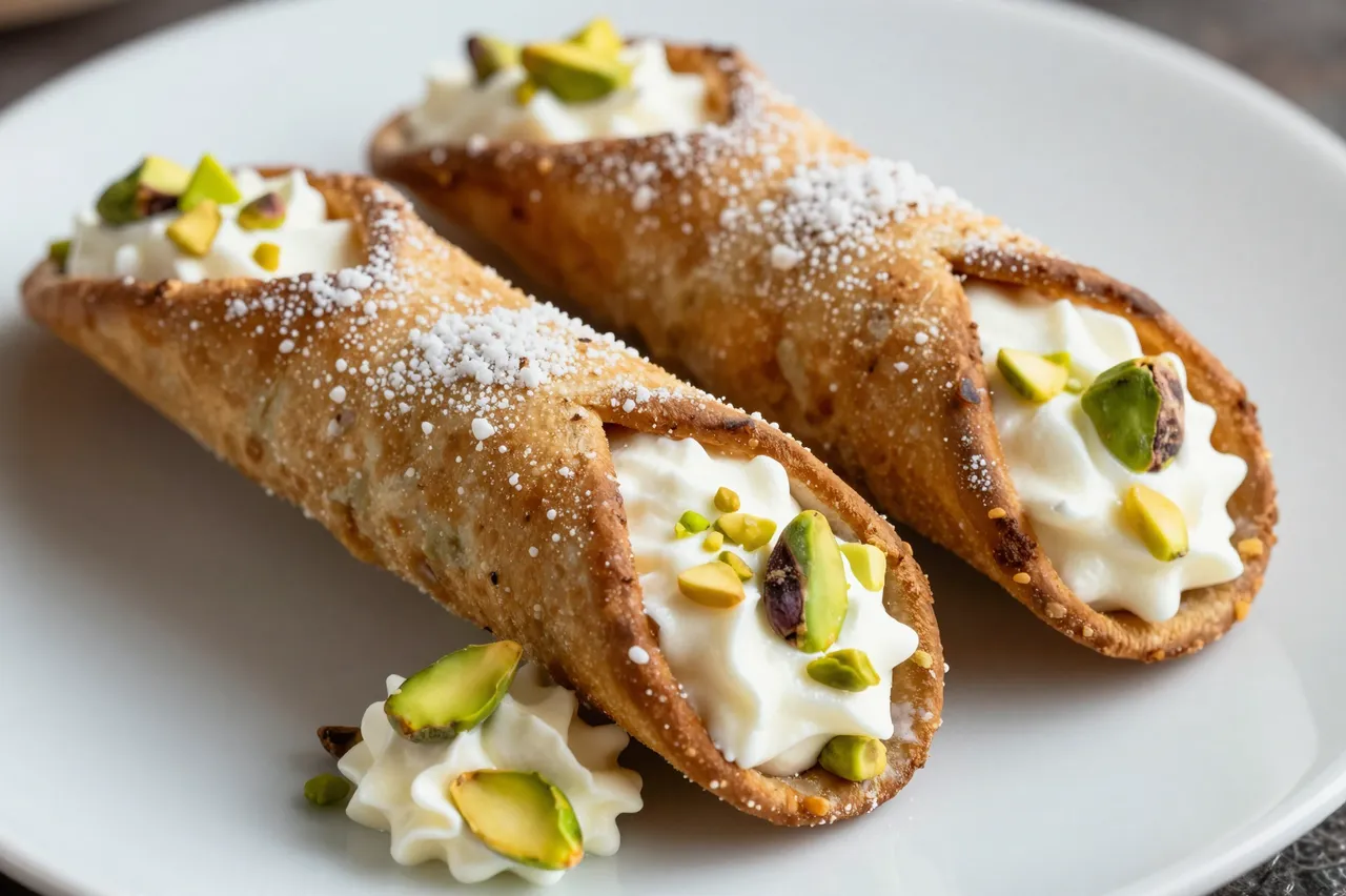 Two cannoli with ricotta filling, pistachio toppings and powdered sugar rest on a white plate.