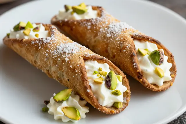 Two cannoli with ricotta filling, pistachio toppings and powdered sugar rest on a white plate.