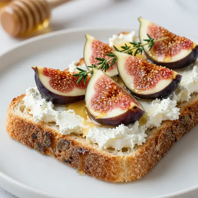Sourdough ricotta toast topped with fresh fig wedges, honey and thyme on a light plate