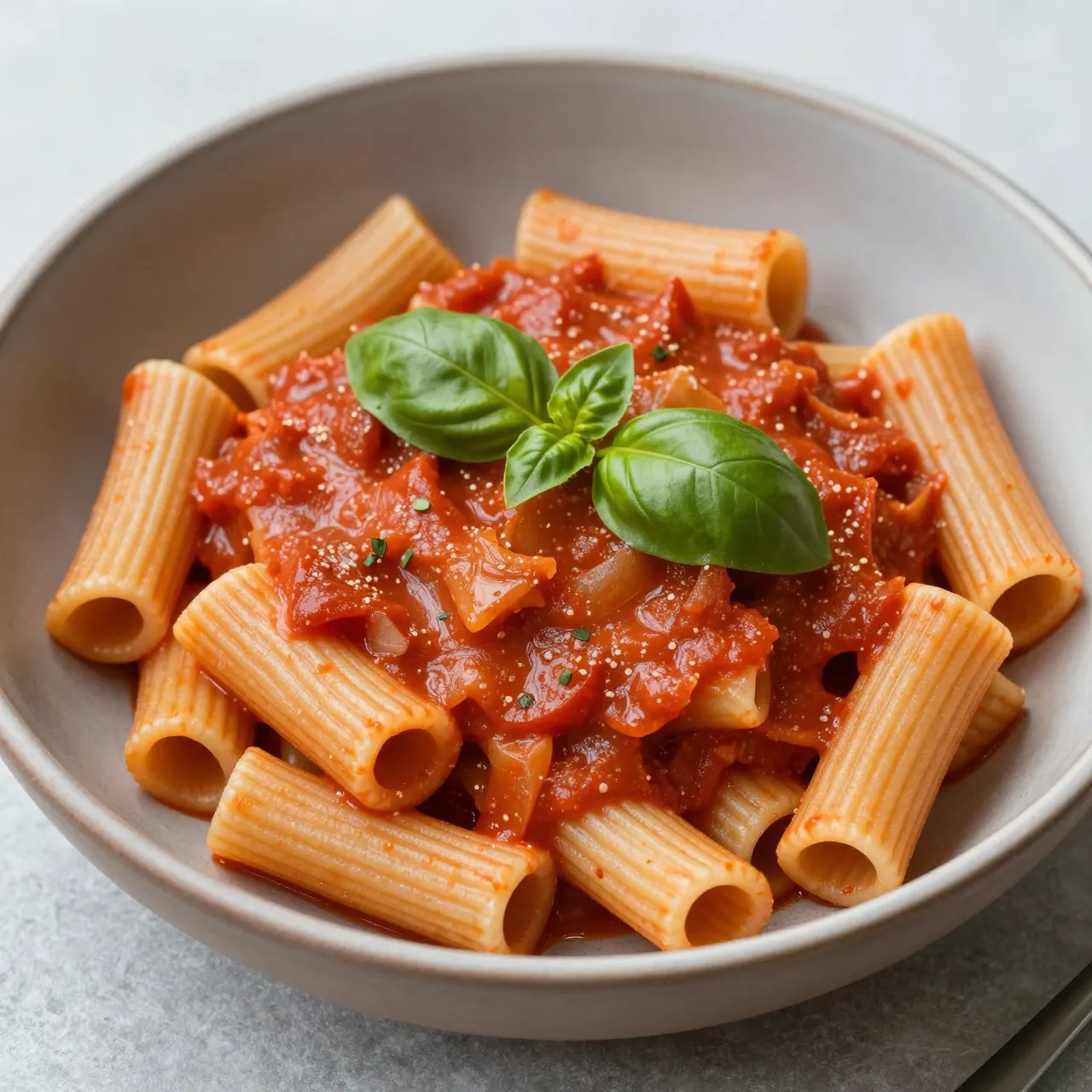 A rustic bowl of rigatoni pasta in creamy tomato sauce topped with fresh basil