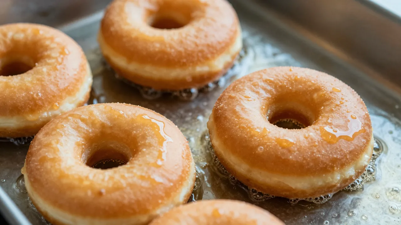 Close-up of golden ring donuts frying in bubbling oil on a metal pan