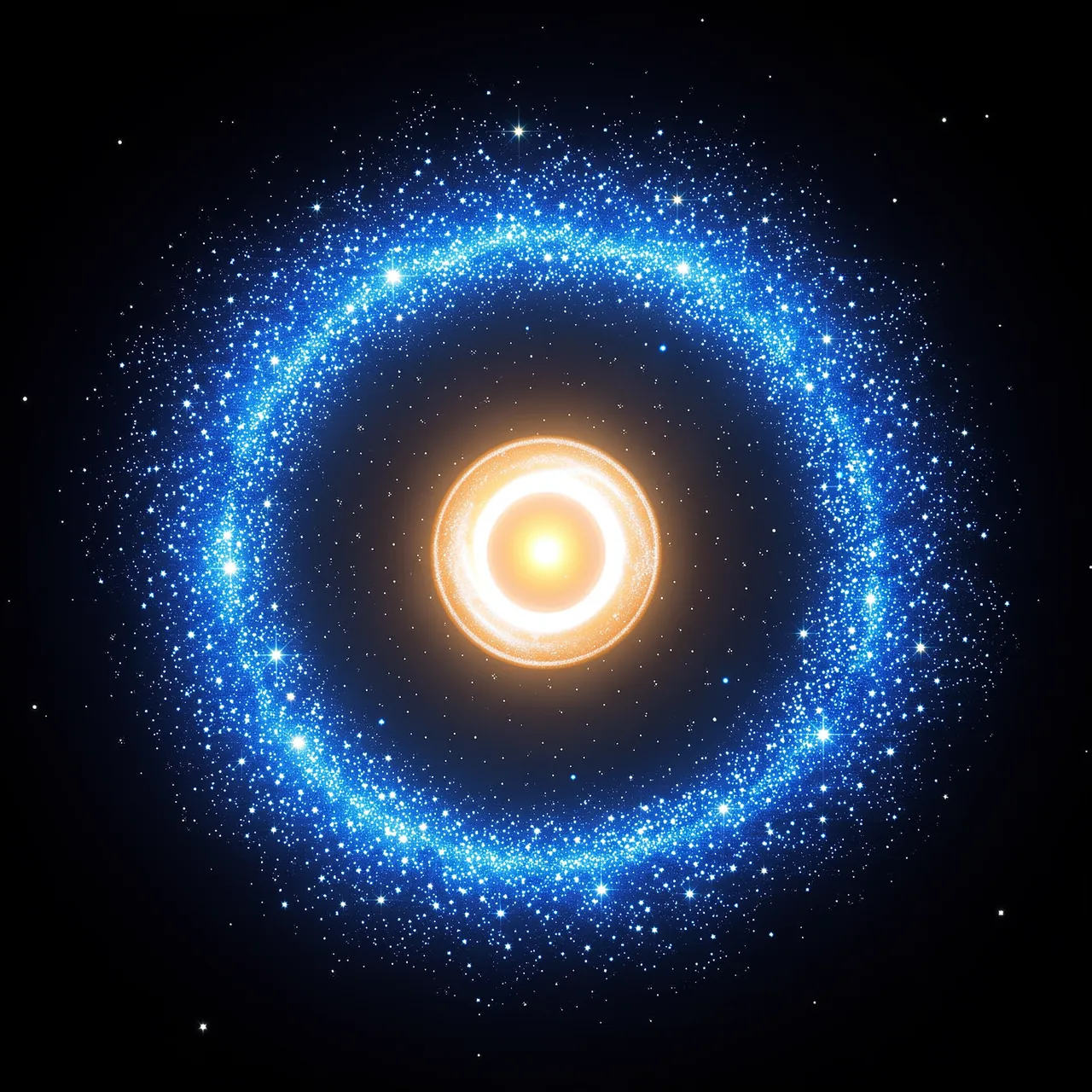A ring galaxy displays a bright blue star ring surrounding a warm glowing core against dark space