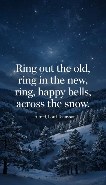 Starring night sky over snowy pine hills, with serif quote text: "Ring out the old, ring in the new, ring, happy bells