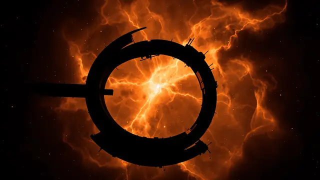 Silhouetted ring-shaped space station floats in front of a glowing orange nebula in deep space