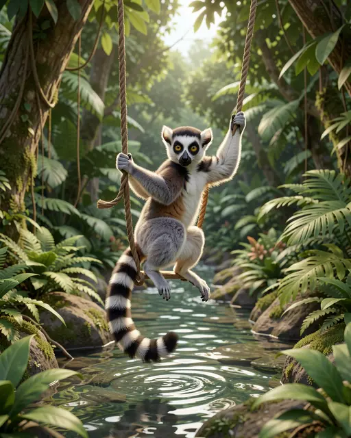 A cute 3D rendered ring-tailed lemur sits on a rope swing suspended over a sun-dappled jungle stream.