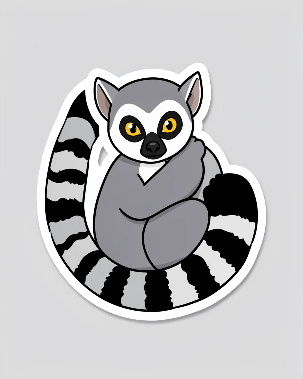A cute die-cut sticker of a ring-tailed lemur hugging its tail on a plain light gray background