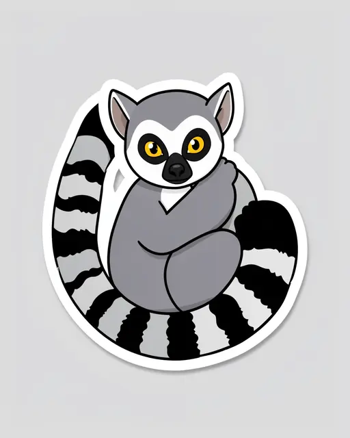 A cute die-cut sticker of a ring-tailed lemur hugging its tail on a plain light gray background