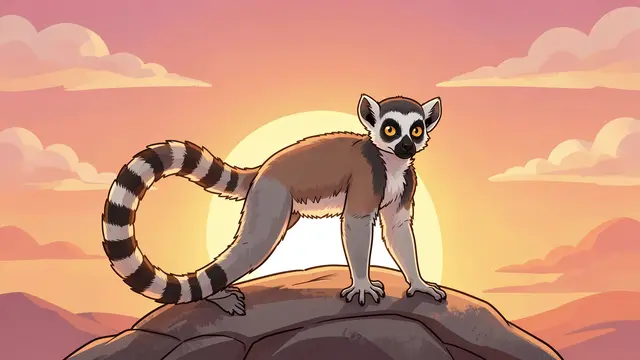 Cartoon ring-tailed lemur stands on a rock against a warm pink and orange sunrise sky