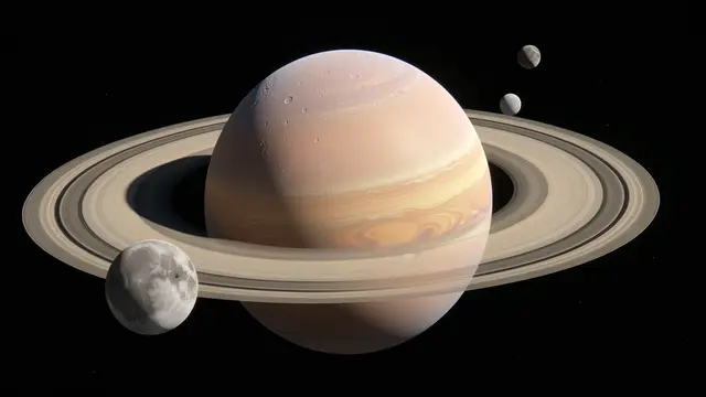 A banded ringed gas giant exoplanet sits against black space with three visible orbiting moons