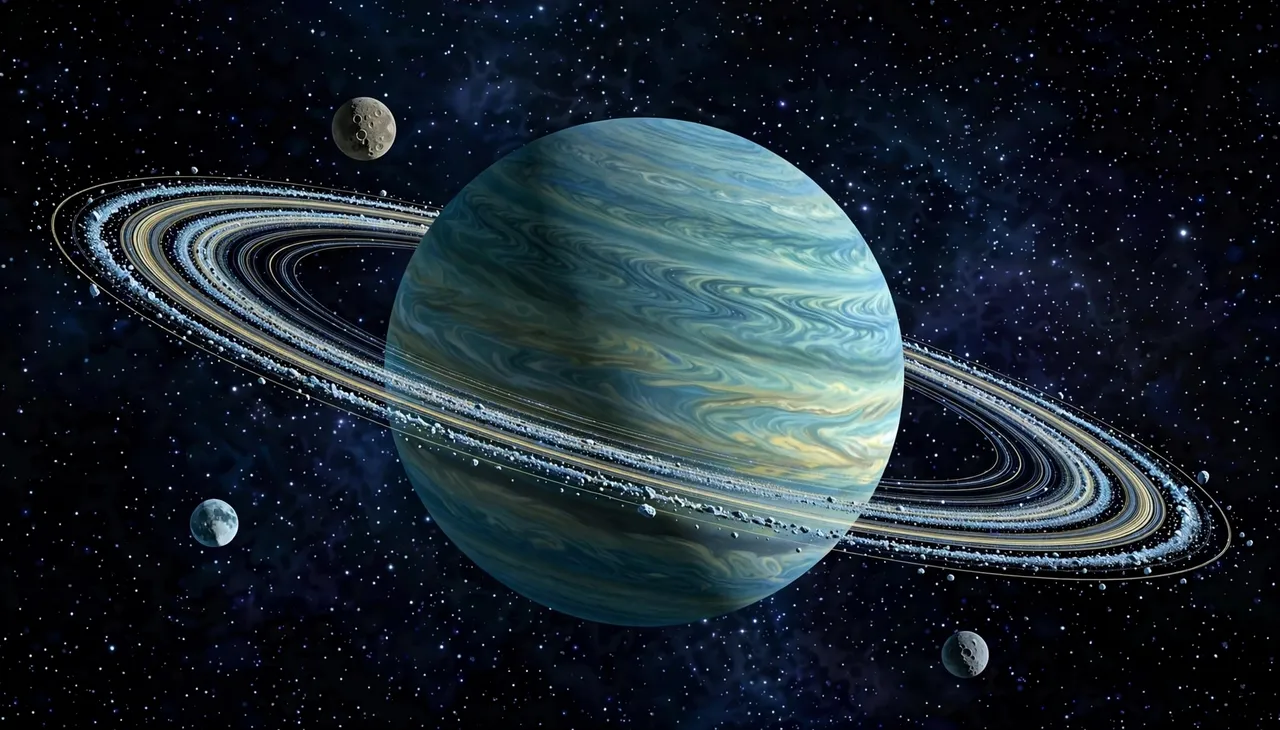 A swirled ringed gas giant with small orbiting moons set against a dense starfield