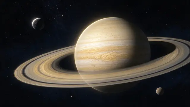 A pale gold ringed gas giant floats in deep space with two small moons and distant stars.
