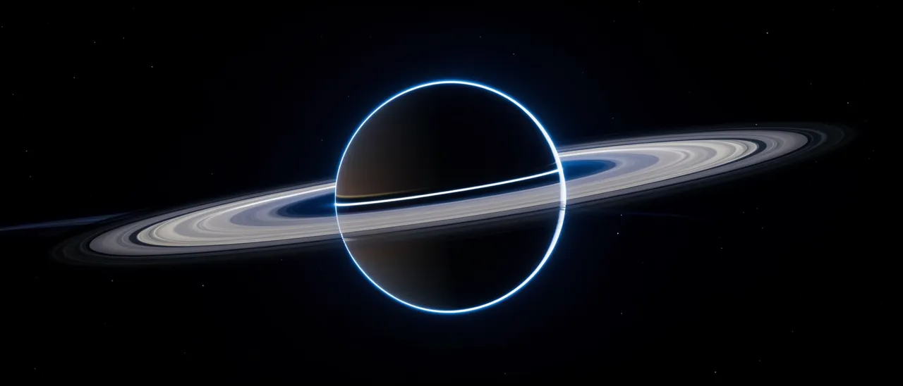 A ringed gas planet transits a bright blue star, creating a glowing limb outline and thin lit ring line against dark starry