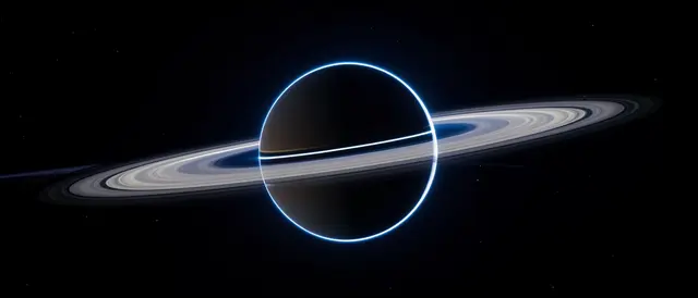 A ringed gas planet transits a bright blue star, creating a glowing limb outline and thin lit ring line against dark starry