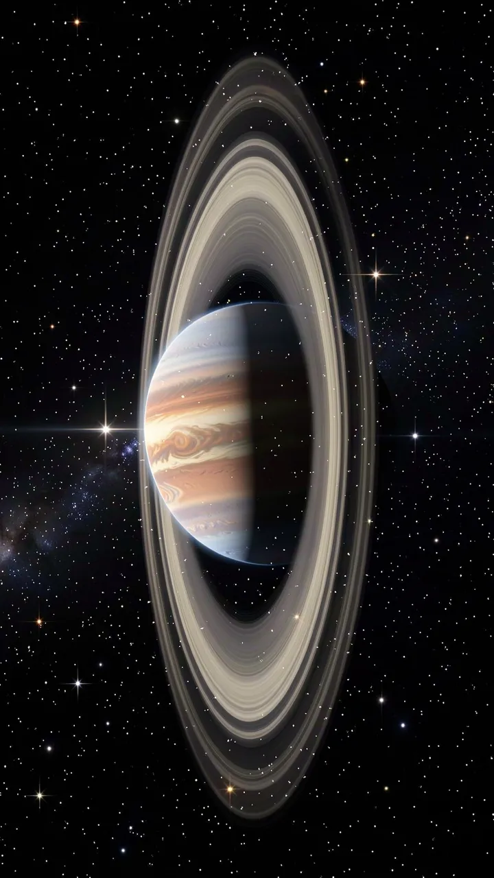 A steeply tilted ringed gas giant floats against a dense field of bright stars in dark deep space