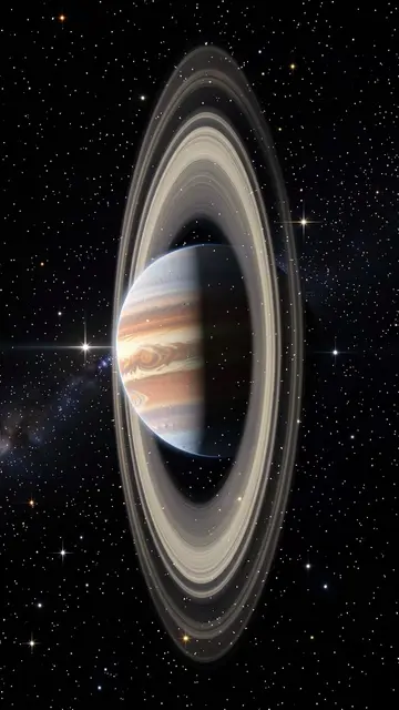 A steeply tilted ringed gas giant floats against a dense field of bright stars in dark deep space