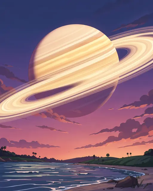 A giant ringed gas planet fills the dusk sky above a quiet coastal shoreline with rolling green hills.