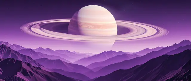 Giant ringed gas planet hangs above layered purple mountain ranges under a gradient purple night sky