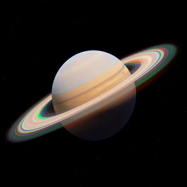 A ringed gas giant planet with rainbow colored tilted rings floats in deep black starry space