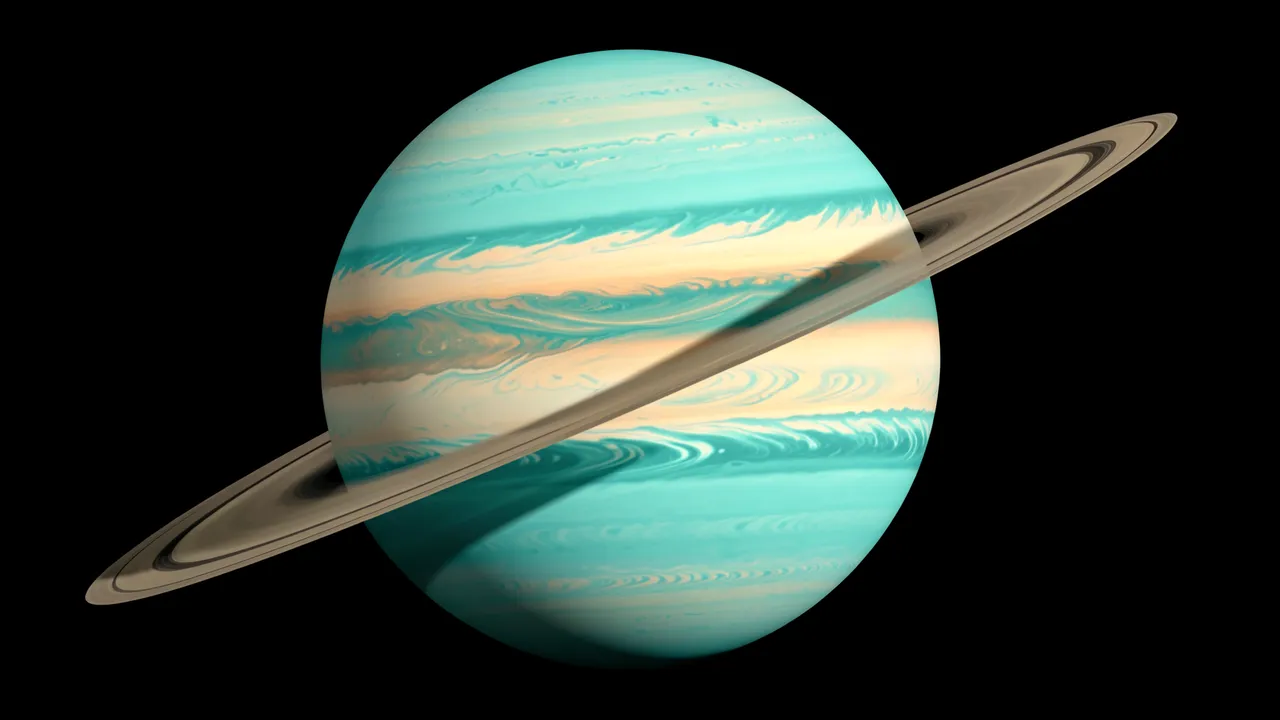 A banded turquoise gas giant with cream cloud streaks and a thin tilted ring set against black space