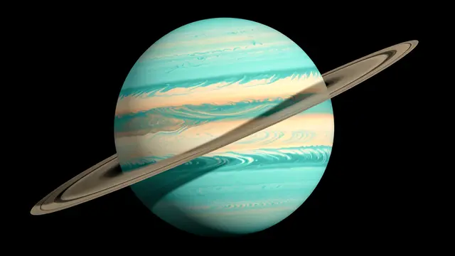 A banded turquoise gas giant with cream cloud streaks and a thin tilted ring set against black space