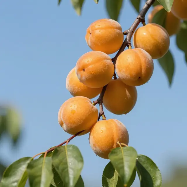 Orange ripe apricots cling to a leafy tree branch against a clear bright blue sky.