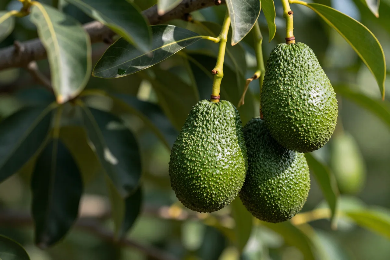Ripe textured green avocados hang from a tree branch amid leaves and dappled sunlight