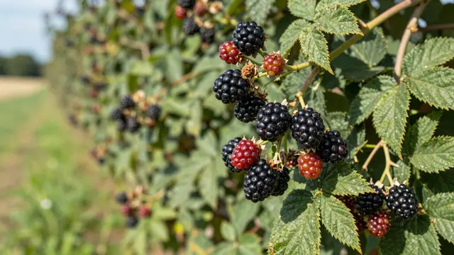 Ripe black and unripe red blackberries grow on a sunlit bramble along a summer hedgerow