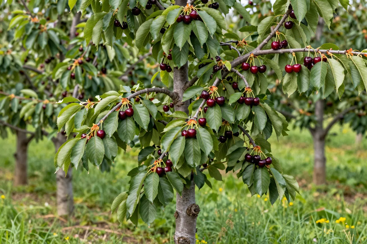 A cherry tree heavy with dark red ripe fruit stands in a sunlit summer orchard with grass below