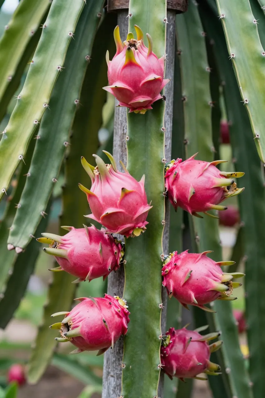 Close up of ripe pink dragon fruit growing on a climbing cactus supported by a wooden post