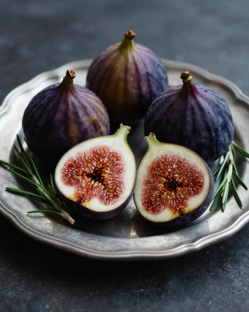 Whole and halved ripe figs with rosemary sprigs rest on a tarnished pewter plate on a dark stone surface.