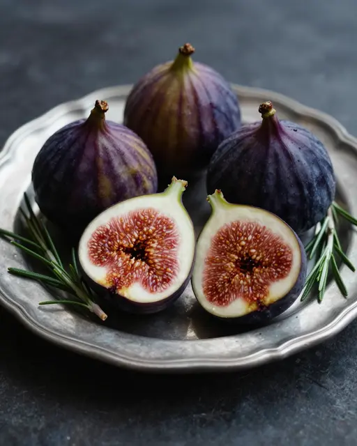 Whole and halved ripe figs with rosemary sprigs rest on a tarnished pewter plate on a dark stone surface.