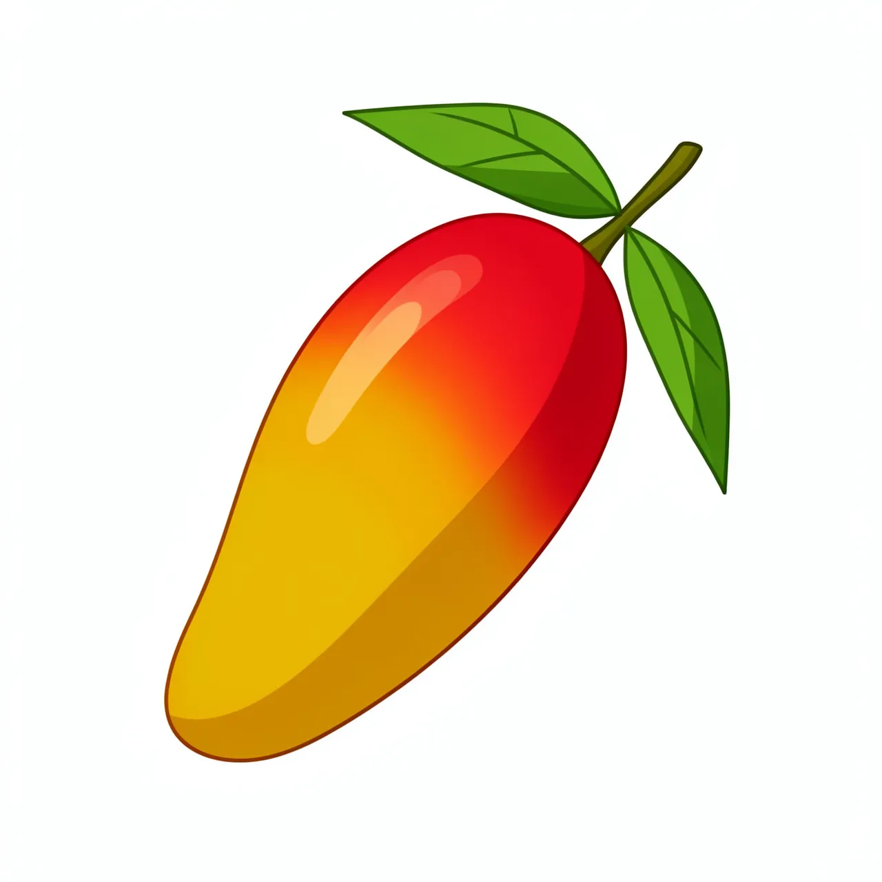 Flat clipart illustration of a ripe mango with a red blush, stem, two green leaves on a plain white background