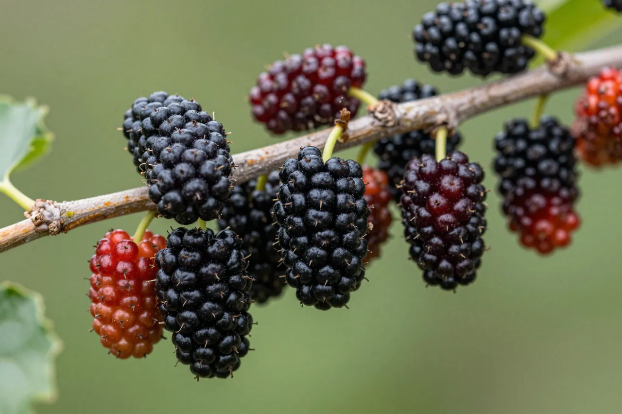 Close-up of a mulberry branch holding ripe dark and ripening red mulberries against a soft blurred green background