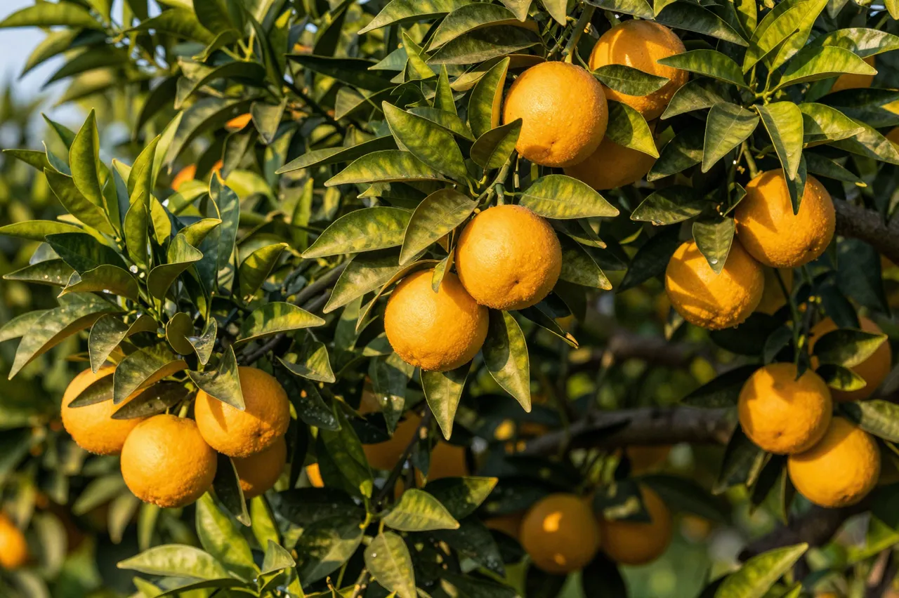Clusters of ripe orange fruit hang among glossy green citrus leaves in warm golden hour light