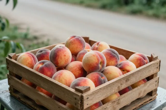 A wooden crate full of ripe peaches sits on a table beside a rural dirt road.