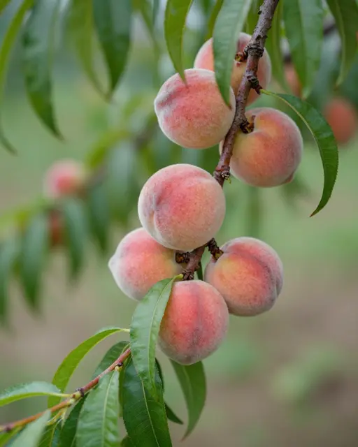 Clusters of blushing ripe fuzzy peaches hang from a slender peach tree branch with green leaves.