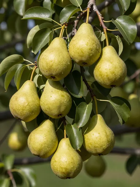 Cluster of golden green pears with water droplets hang from a pear tree branch in soft late summer light