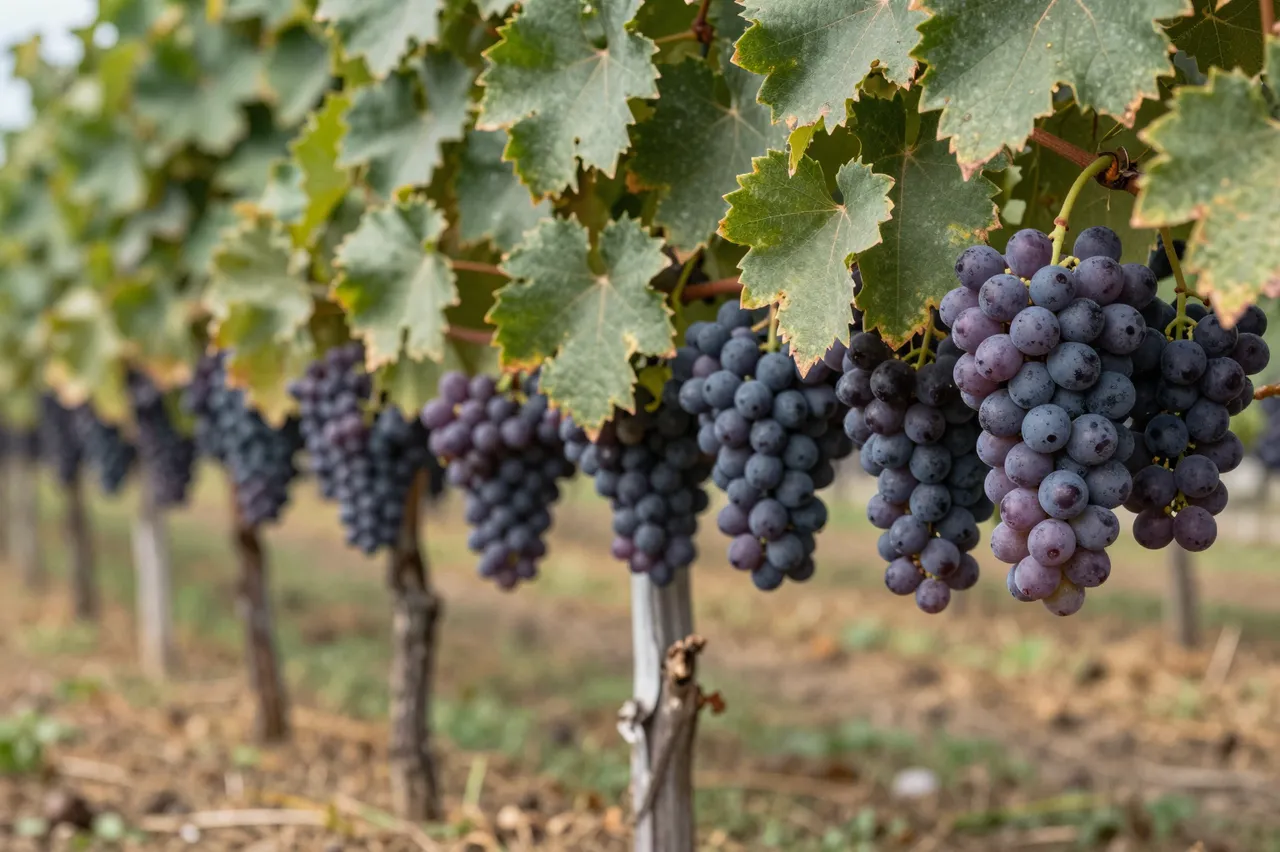 Close-up of plump ripe purple grape clusters hanging from grapevine rows in a sunlit vineyard