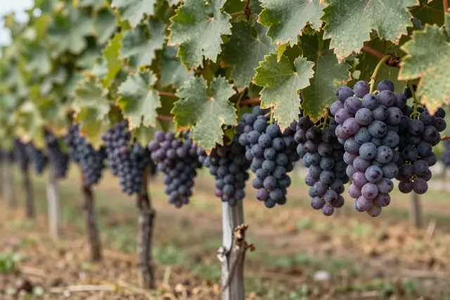 Close-up of plump ripe purple grape clusters hanging from grapevine rows in a sunlit vineyard
