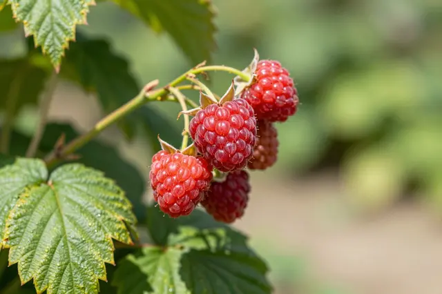 Close up of bright red ripe raspberries clustered on a leafy raspberry cane in sunny garden light