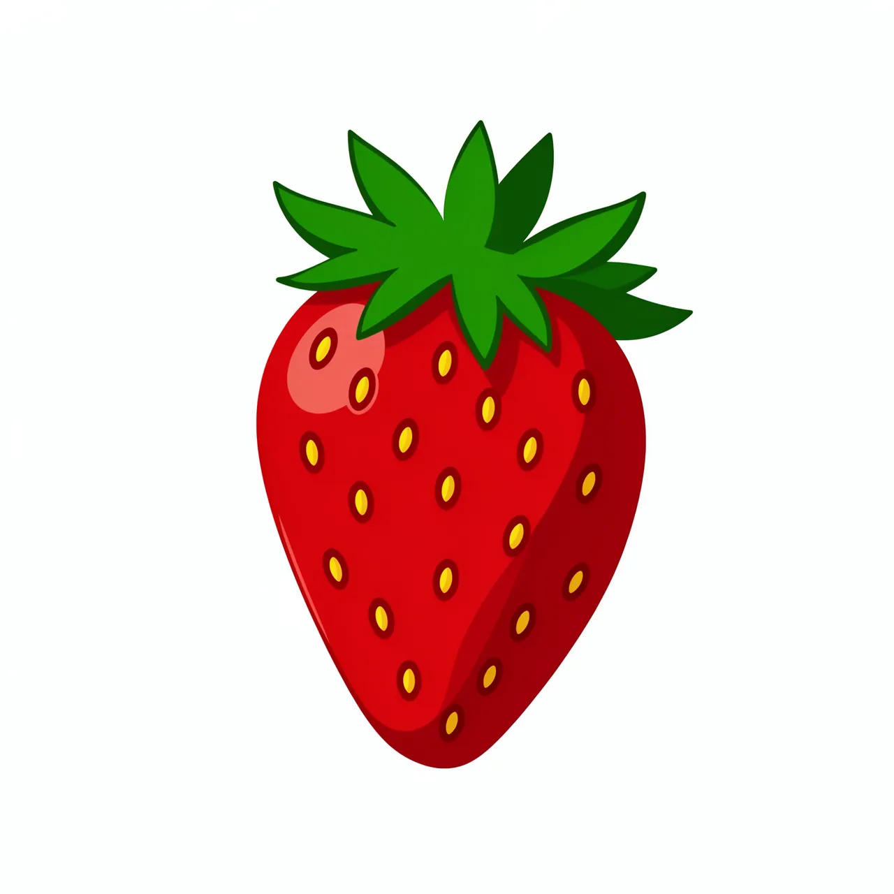 Flat illustration of a ripe red strawberry with a green leafy top isolated on a plain white background
