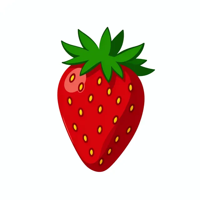 Flat illustration of a ripe red strawberry with a green leafy top isolated on a plain white background