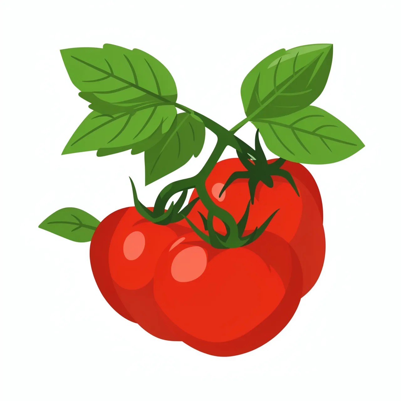 Flat vector illustration of red ripe tomatoes on a green vine with leafy foliage against a plain white background