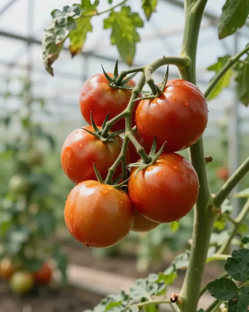 Close-up of sunlit ripe red tomato cluster with water droplets growing on a vine in a blurred greenhouse setting