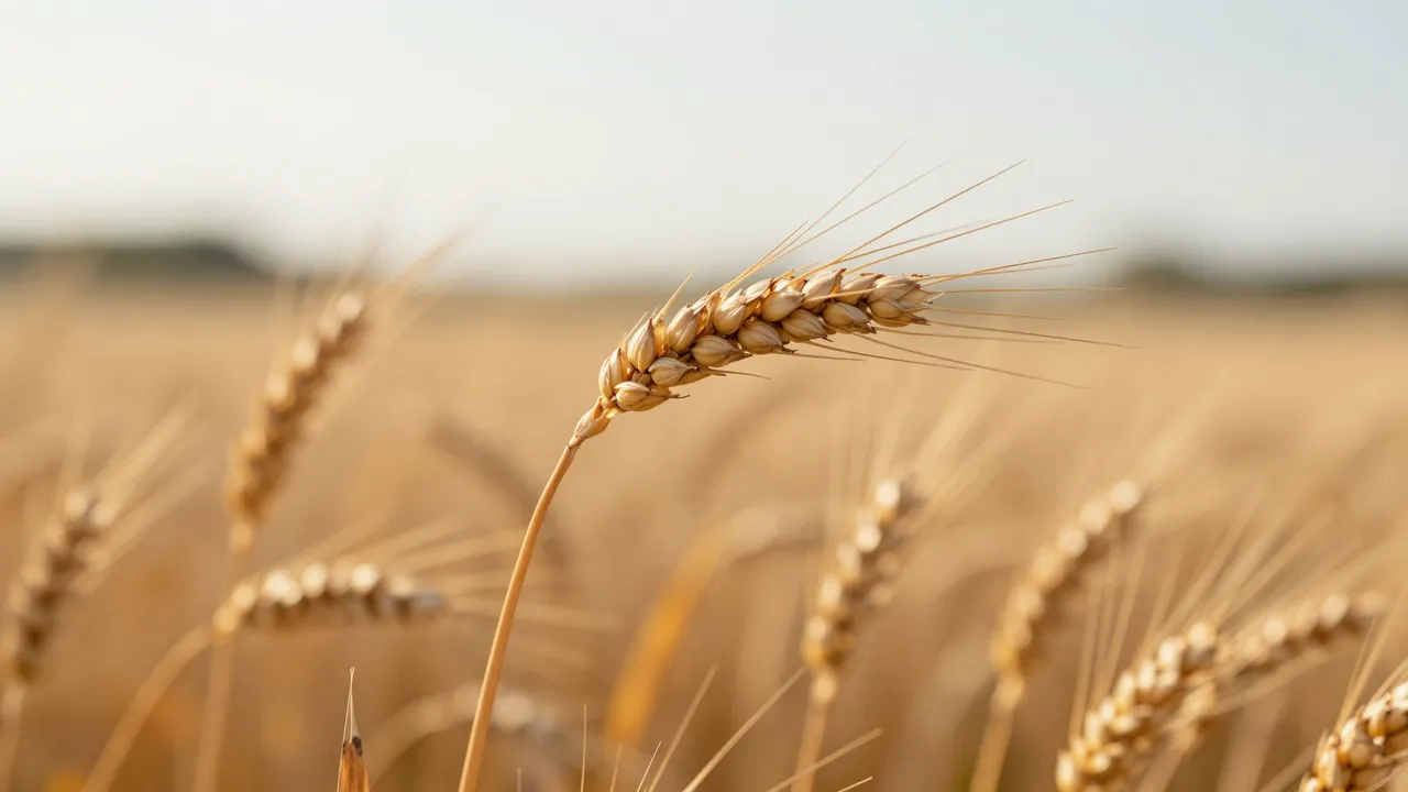 A sharp ripe wheat ear stands in focus against a blurred golden wheat field under soft warm evening light