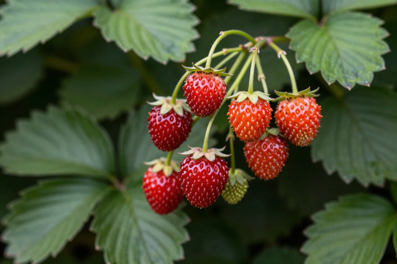 Close-up of clustered ripe red wild strawberries hanging beneath serrated green foliage