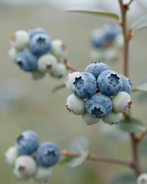 Close-up of ripe and unripe blueberry clusters with pale powdery bloom on a bush in soft light